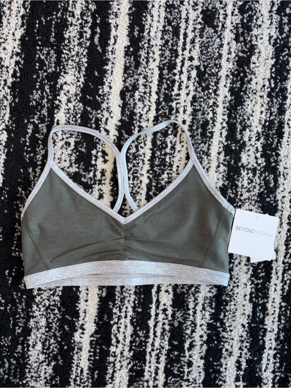 Beyond Yoga Olive & Silver Trim V-Neck Sports Bralette